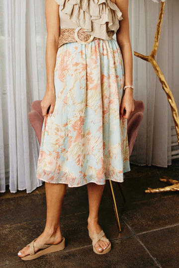 HK1852 Blue Womens Romantic Floral Elastic Waist Skirt Editorial